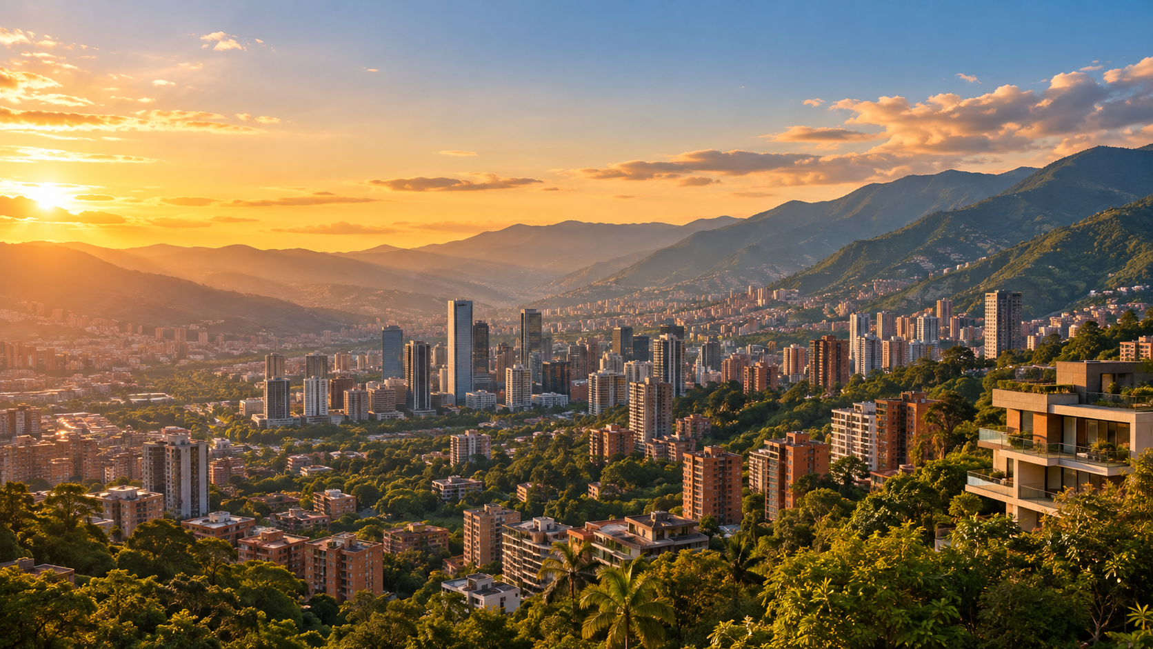 Panoramic view of Medellín, Colombia at sunset with the city surrounded by mountains