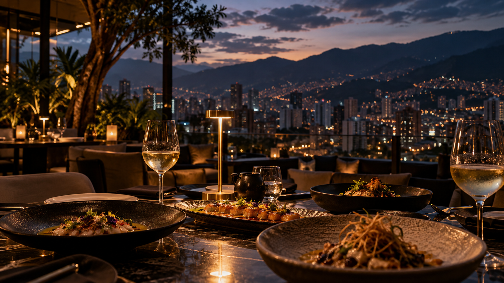 Luxury rooftop restaurant in Medellín with city views and dinner at sunset