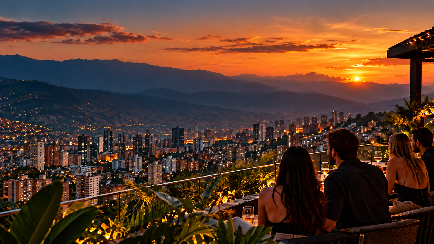 Medellín skyline at sunset from a rooftop overlooking the city