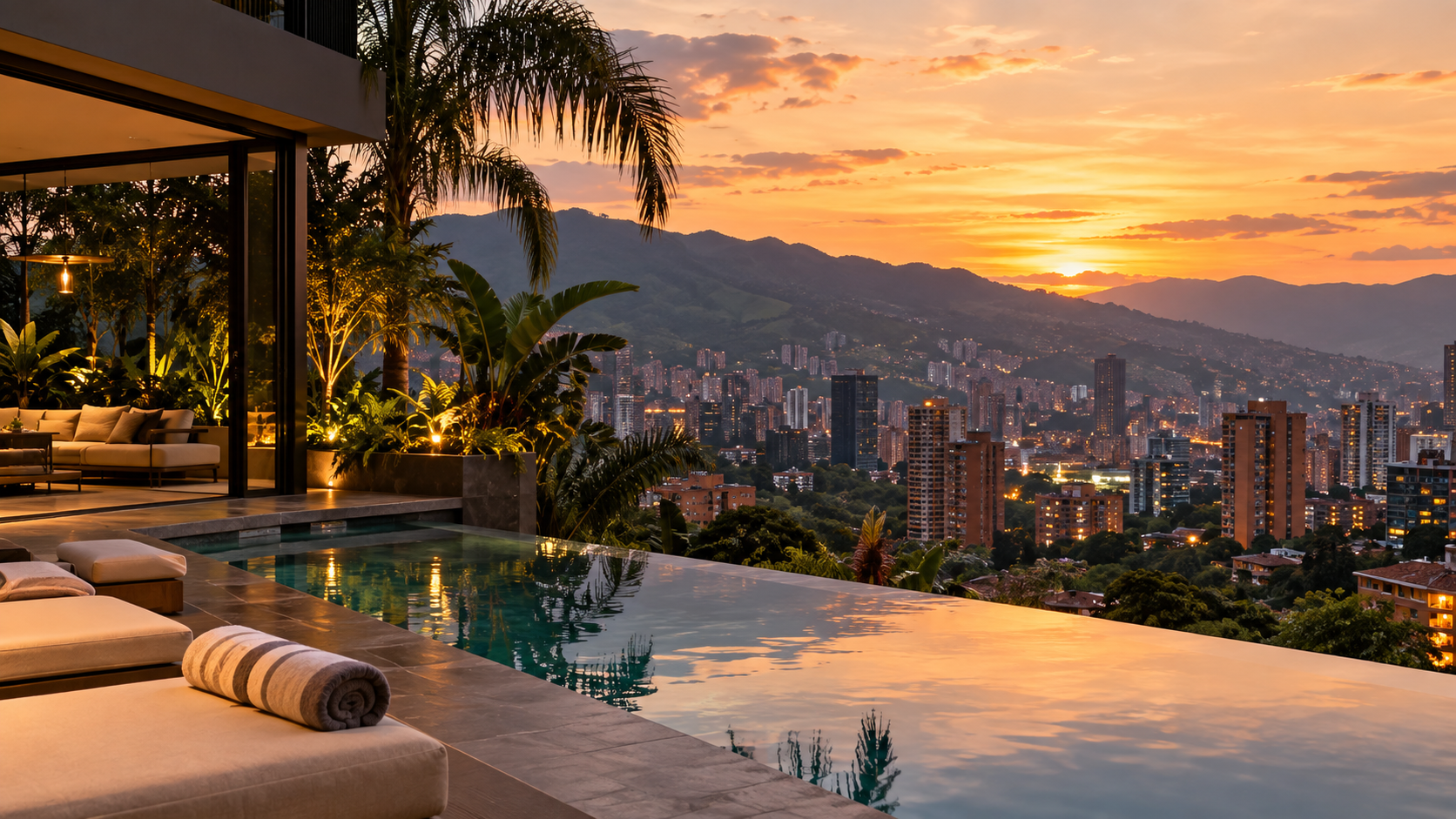Luxury villa in Medellín with infinity pool and panoramic city views at sunset