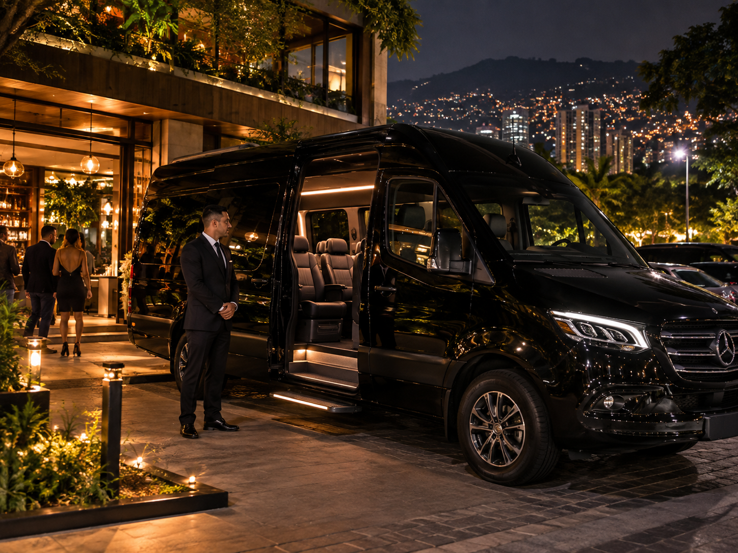 Luxury van arrival at night in Medellín with private chauffeur service