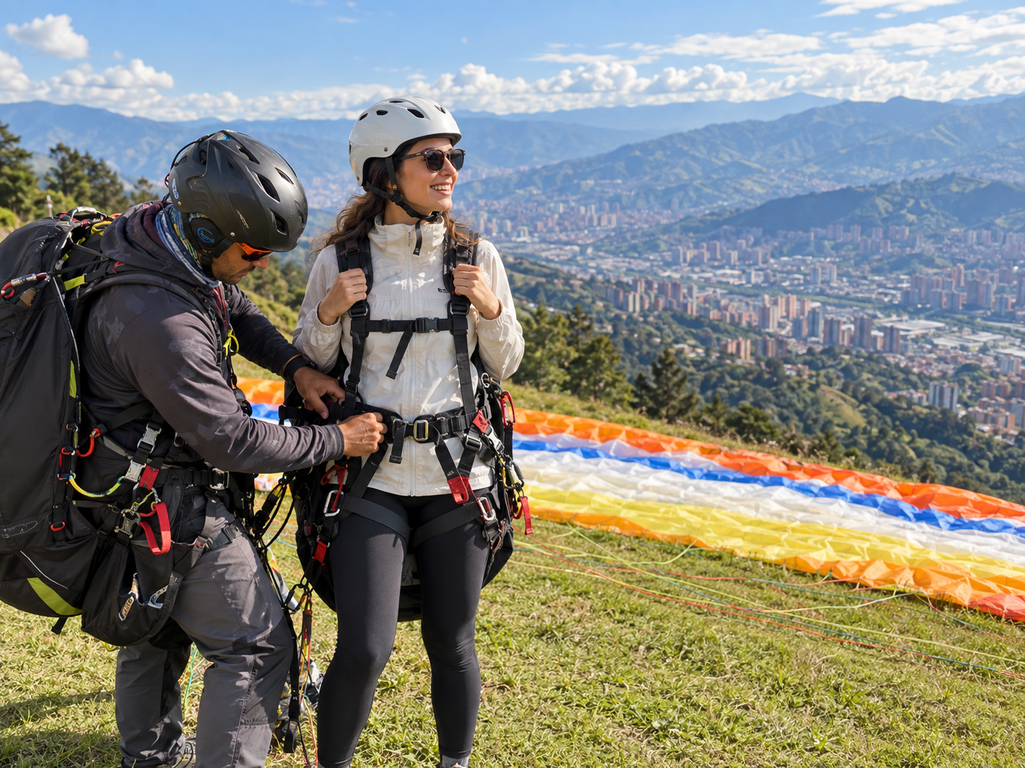 Traveler preparing for a tandem paragliding flight near Medellín