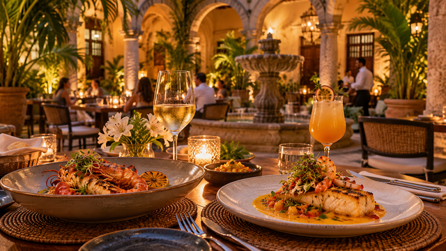 Caribbean seafood dinner in an elegant colonial courtyard restaurant in Cartagena