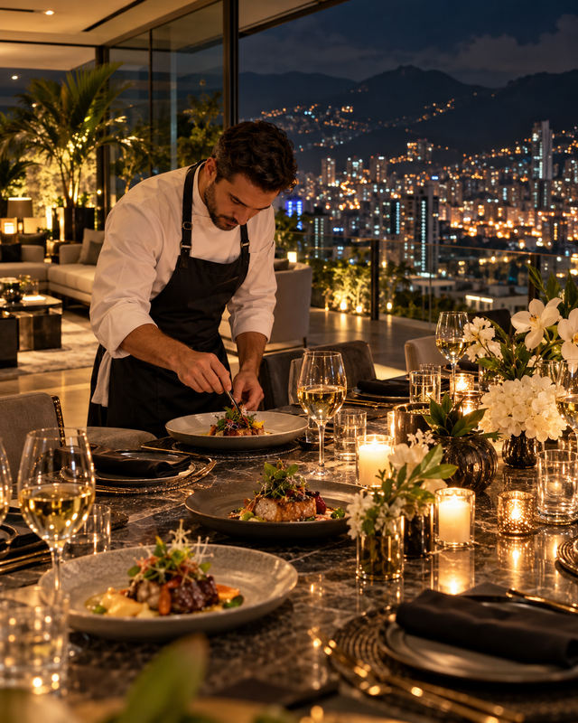 Private chef plating a gourmet dinner in a luxury Medellín residence overlooking the city lights