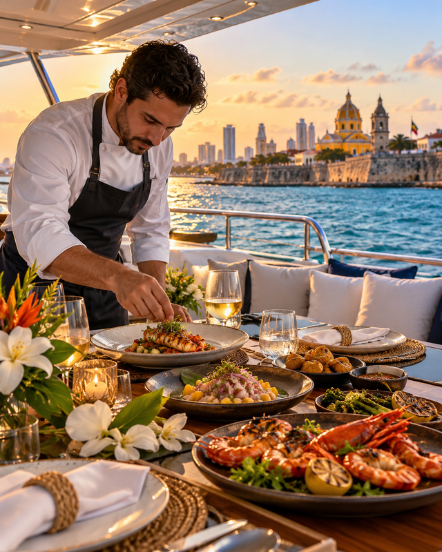 Private chef preparing a luxury seafood dinner aboard a yacht in Cartagena at sunset