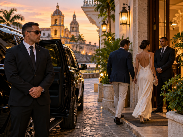 Discreet private security escorting travelers at a luxury Cartagena hotel