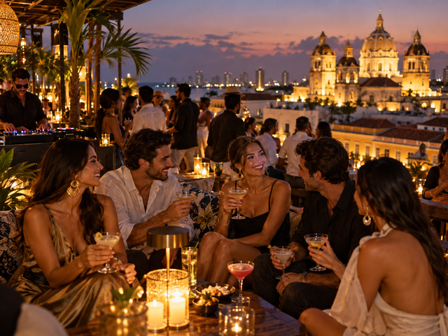Travelers enjoying VIP nightlife at a rooftop bar in Cartagena
