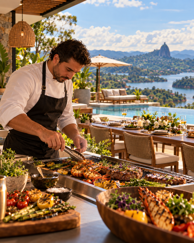 Private chef plating a gourmet dinner at a luxury Guatapé lakefront villa
