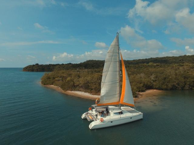 White sailing catamaran with orange-trimmed sails beside a wooded shoreline